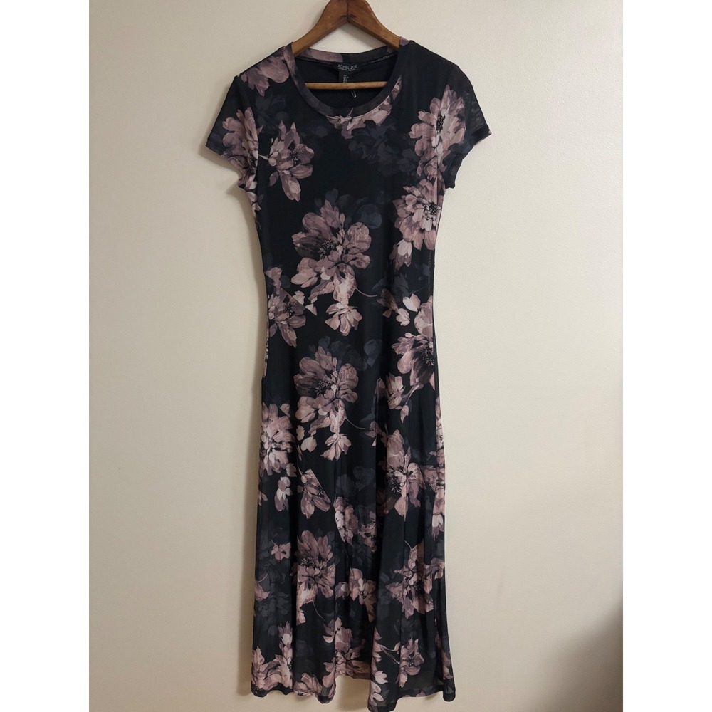 Rachel Zoe Black Mauve Floral Mesh Midi Dress Short Sleeve Crew Neck Small